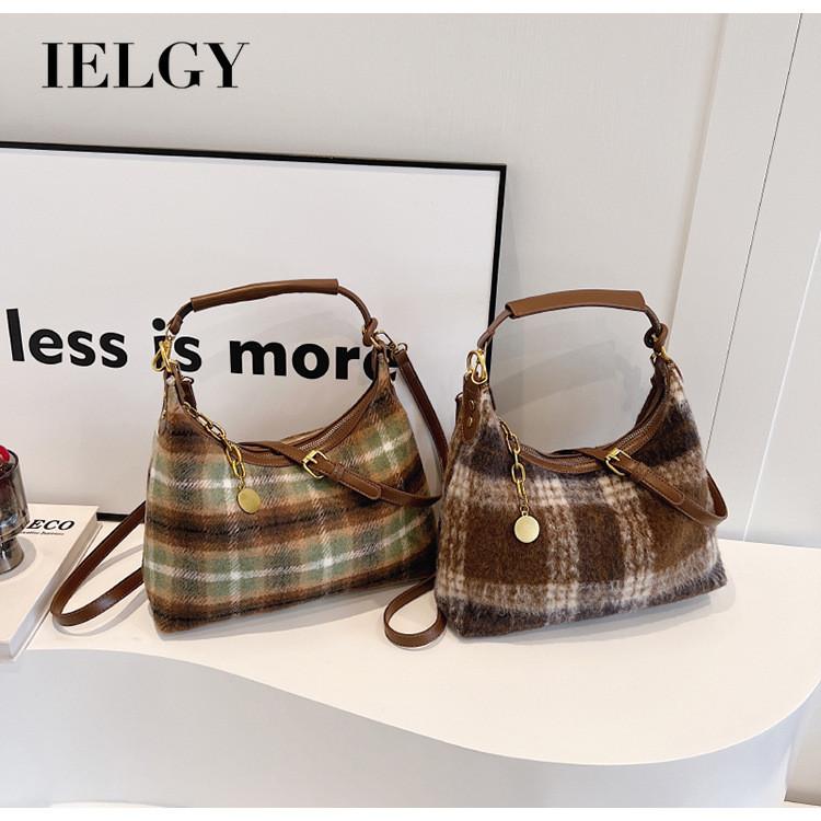 Ielgy Autumn Winter Fashion Plaid Bag Woolen Plaid Contrast Color Small Square Bag High-End Messenger Shoulder Bag