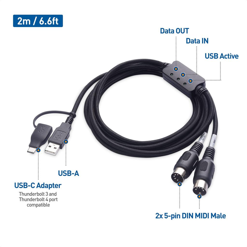 Cable Matters MIDI Cable, 2m, MIDI To USB Converter Cable, USB To MIDI Cable, MIDI To USB C Converter Cable, Black