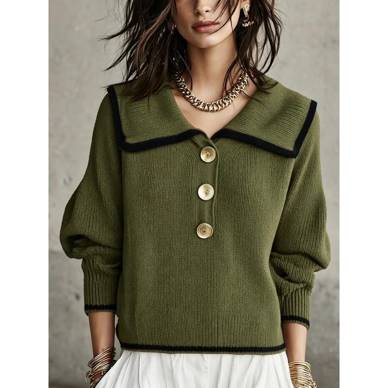 Women S Vintage Color Block Lapel Loose Long Sleeve Knit Sweater
