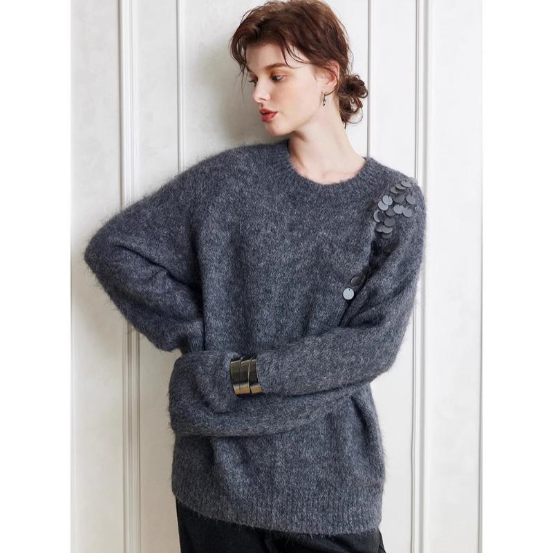 Dimanaf 2025 Женские свитера Весна Пайетки Вязание O-образный вырез Свободные свитера Топы