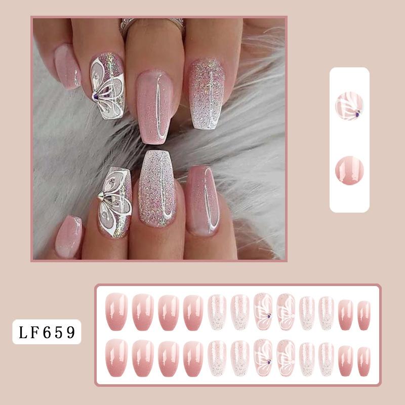 24PCS/SET Quick Nails Flower Diamond Manicure Long Ballet False Nails Waterproof Wearable Ready-made Nail Stickers