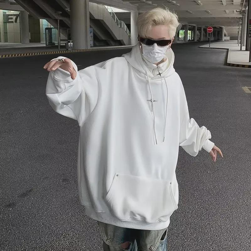 Мужская толстовка с капюшоном и металлическим воротником — американская уличная мода, свободная куртка с полумолнией на весну/осень/зиму