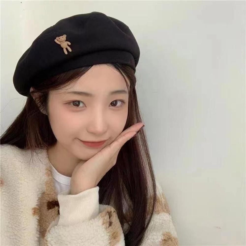 Solid Color Woolen Newsboy Hat Little Bear Beret Hat Retro Cloud Painter Cap Women Girl