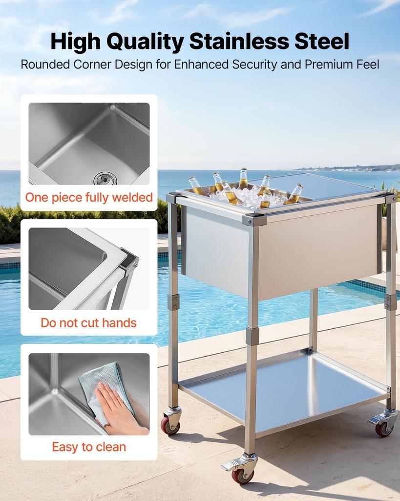 Rolling Ice Chest Cooler Cart Stainless Steel Cooling Bin 42.4 L, Outdoor Stand Up Cooler Trolley with Wheels, Sliding Lid, Shelf, for Patio Backyard