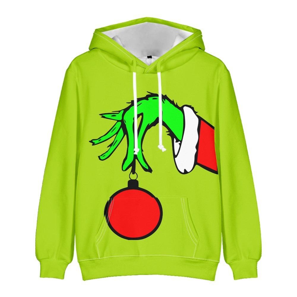 Рождественская мода Мужские Женские Худи Зеленый Монстр Принт Пуловер Топ Мультяшная Повседневная Толстовка Детские Худи Одежда