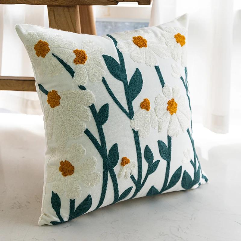 Nordic Fresh Embroidered Floral Pillow Cover Decorative Cushion Case for Sofa Bedroom Bed Backrest