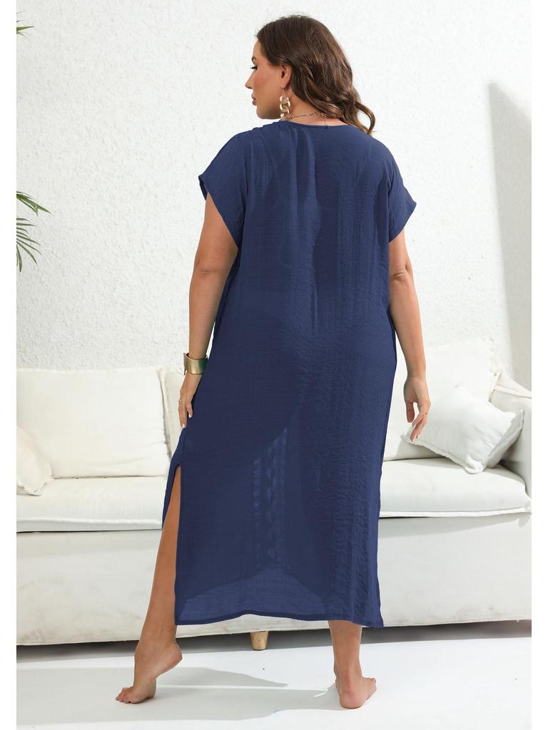 Пляжное платье-накидка ручной вязки большого размера, колорблок, глубокий V-образный вырез, разрез