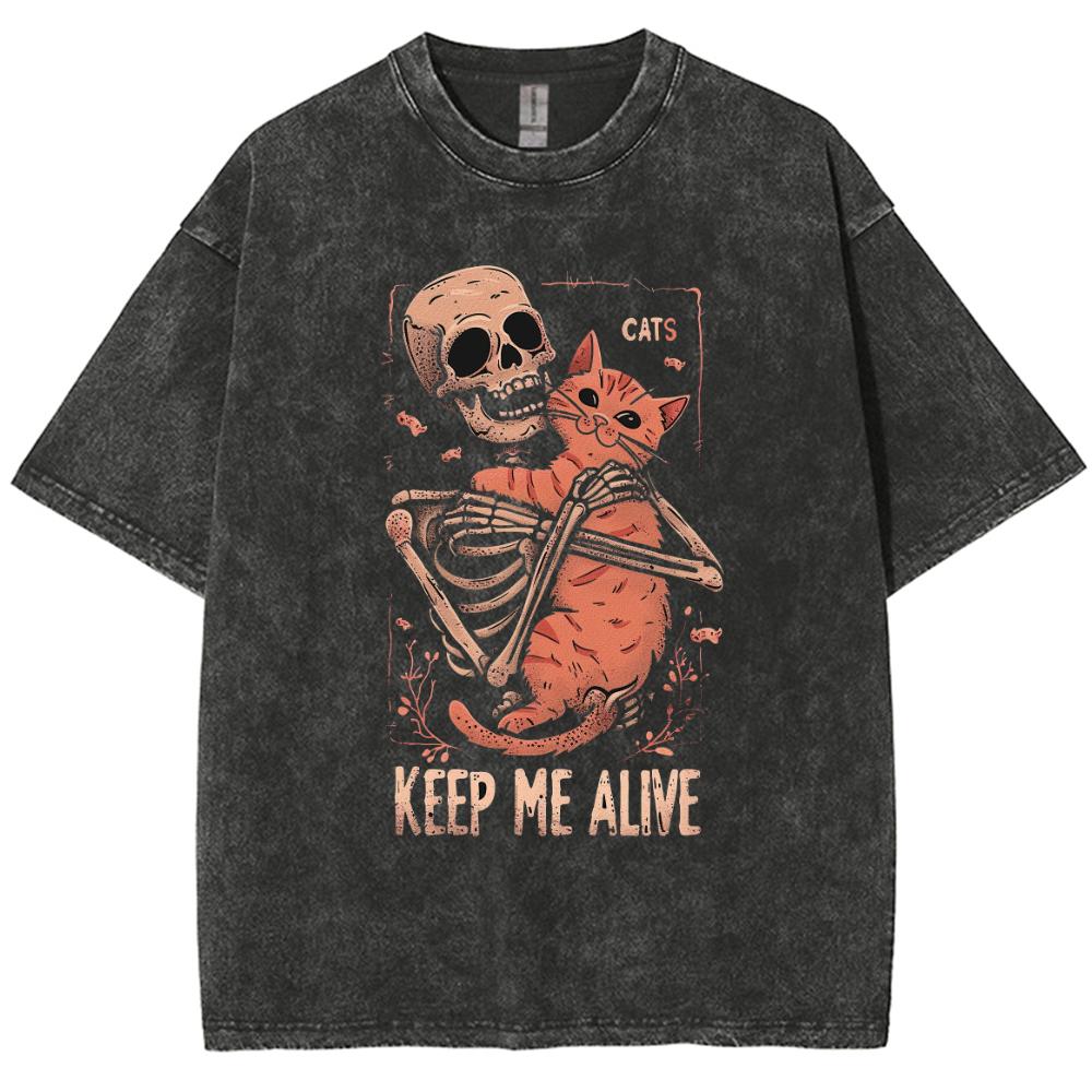 Women Washed Oversized T-Shirt Summer Black Skull Print Loose Top Casual Trend Design Short Sleeve Men