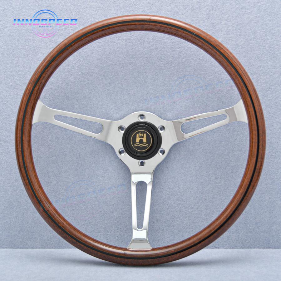 15Inch Imitation Wood Sport Steering Wheel Chrome Spoke Universal Modified Deep Corn Classic Wooden Steering Wheel for Racing