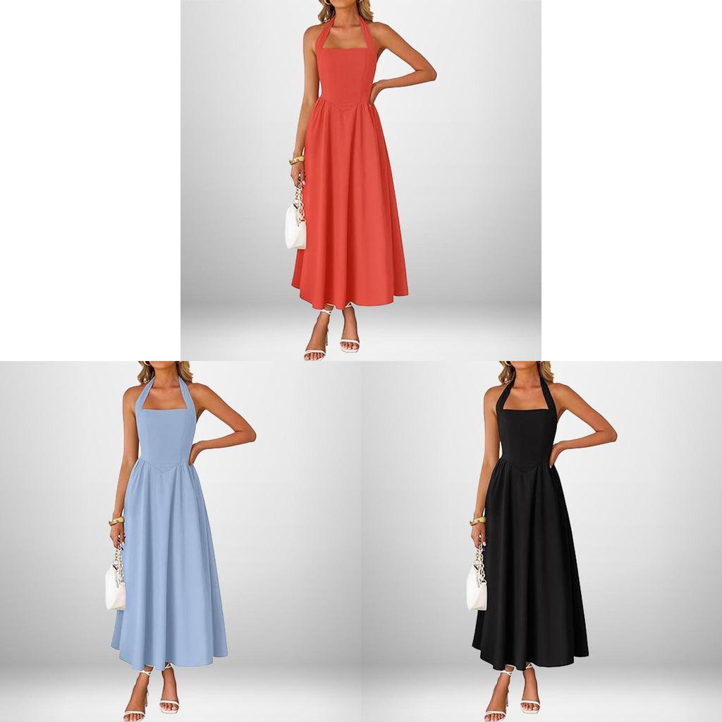 Polyester Sleeveless Backless Dress With Ties For Casual Spring Office Wear
