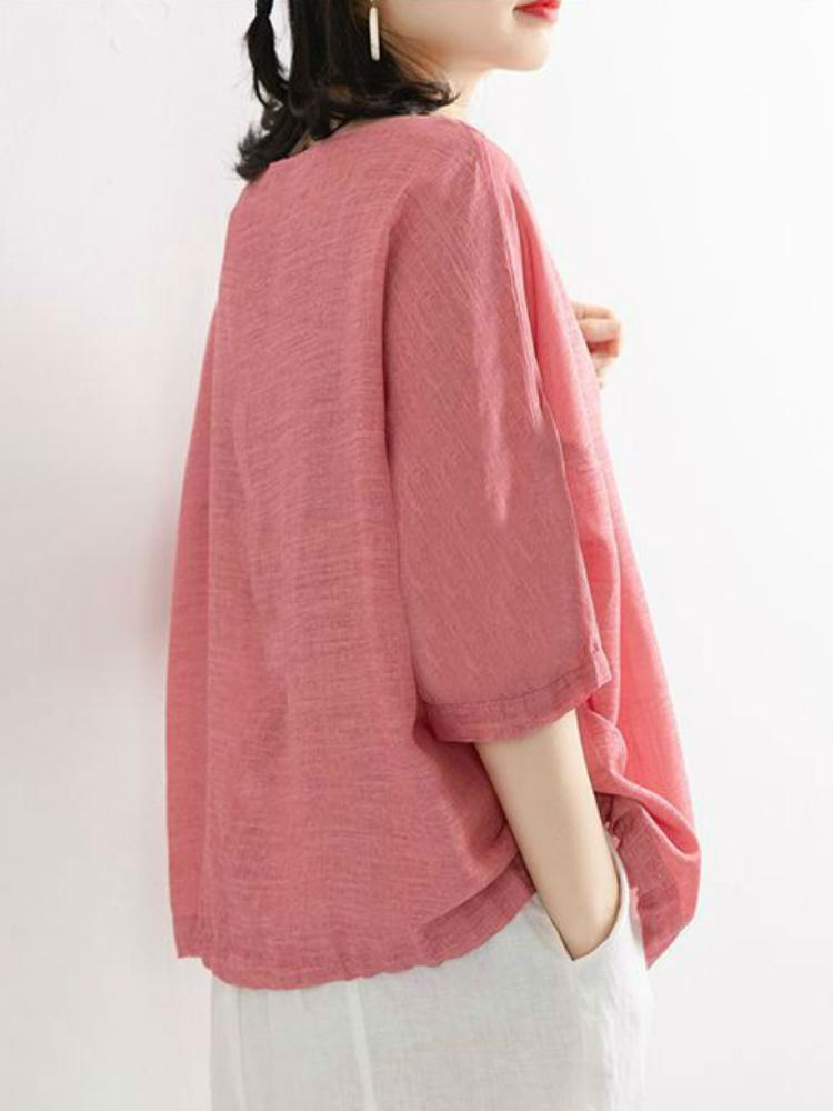 Летняя футболка оверсайз свободного кроя, повседневная, однотонная, из имитации хлопка и льна, с коротким рукавом, топ-футболка с рукавом три четверти