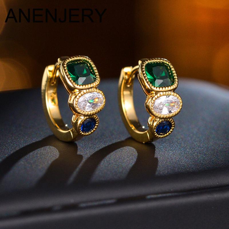 ANENJERY Зеленые белые овальные круглые серьги-кольца из циркония для женщин, модные роскошные серьги для вечеринок, ювелирные изделия