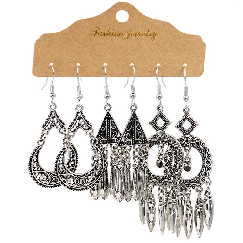 Antique Sliver-Plated Hollow Alloy Geometric Dangle Indian Earrings For Women Gypsy Zircon Boho Ethnic Leaf Bell Tassel Earring