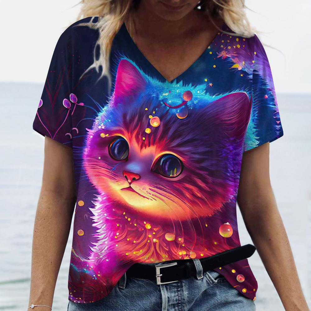 Cute Kitten Women's T-Shirts V-Neck Short Sleeve Harajuku Tshirts Summer Woman Fashions Tops Loose Casual Clothing Kawaii