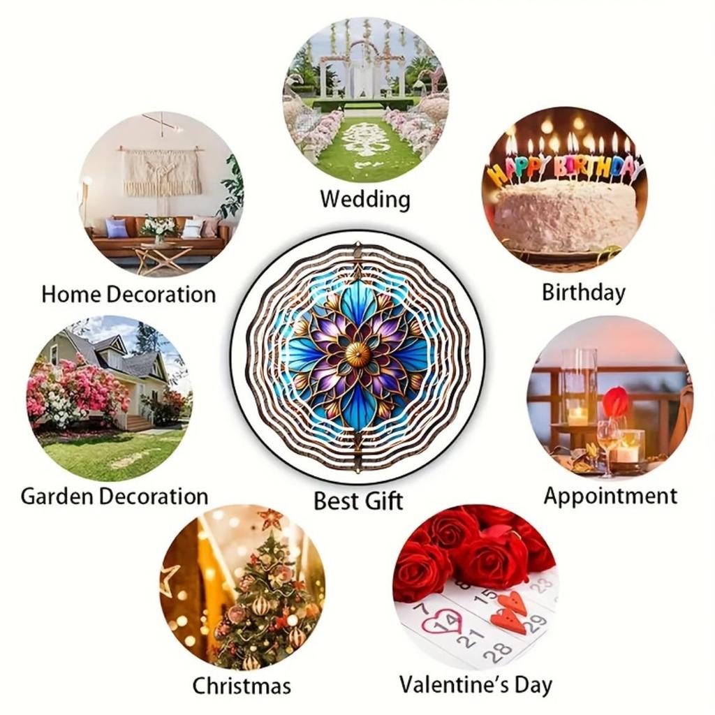 10 Inch Stained Glass Wind Spinner 3D Kinetic Metal Hanging Decor for Garden Yard Indoor Outdoor Blue White Windmill Gift for Women Men