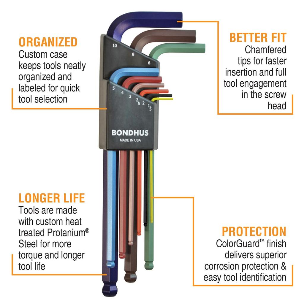 Made in USA BONDHUS Hex Ball Point Color Guard Set BLX9MCG 69499 L-Wrench Set, Long, 9-Piece (1.5, 2, 2.5, 3, 4, 5, 6, 8, 10mm) No.