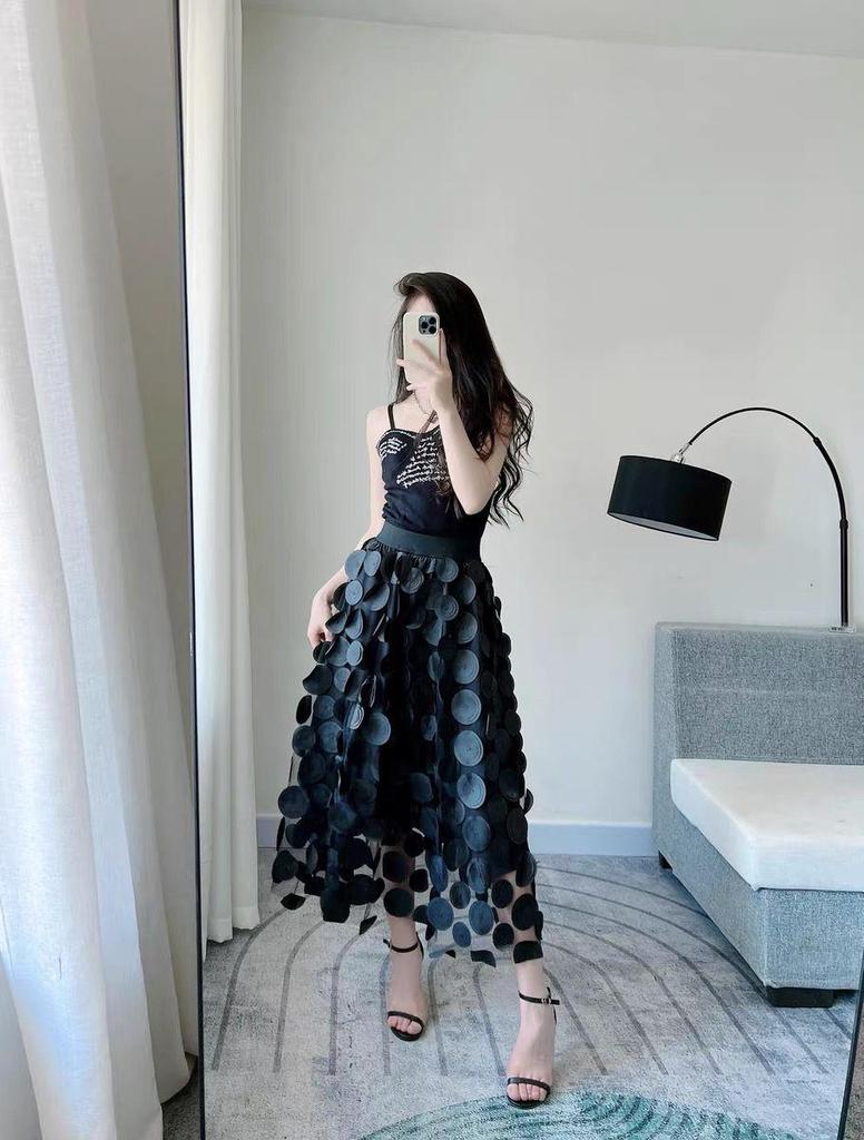 Women's European-Style Black Midi Skirt - 2025 High-End Mesh A-Line Umbrella Design