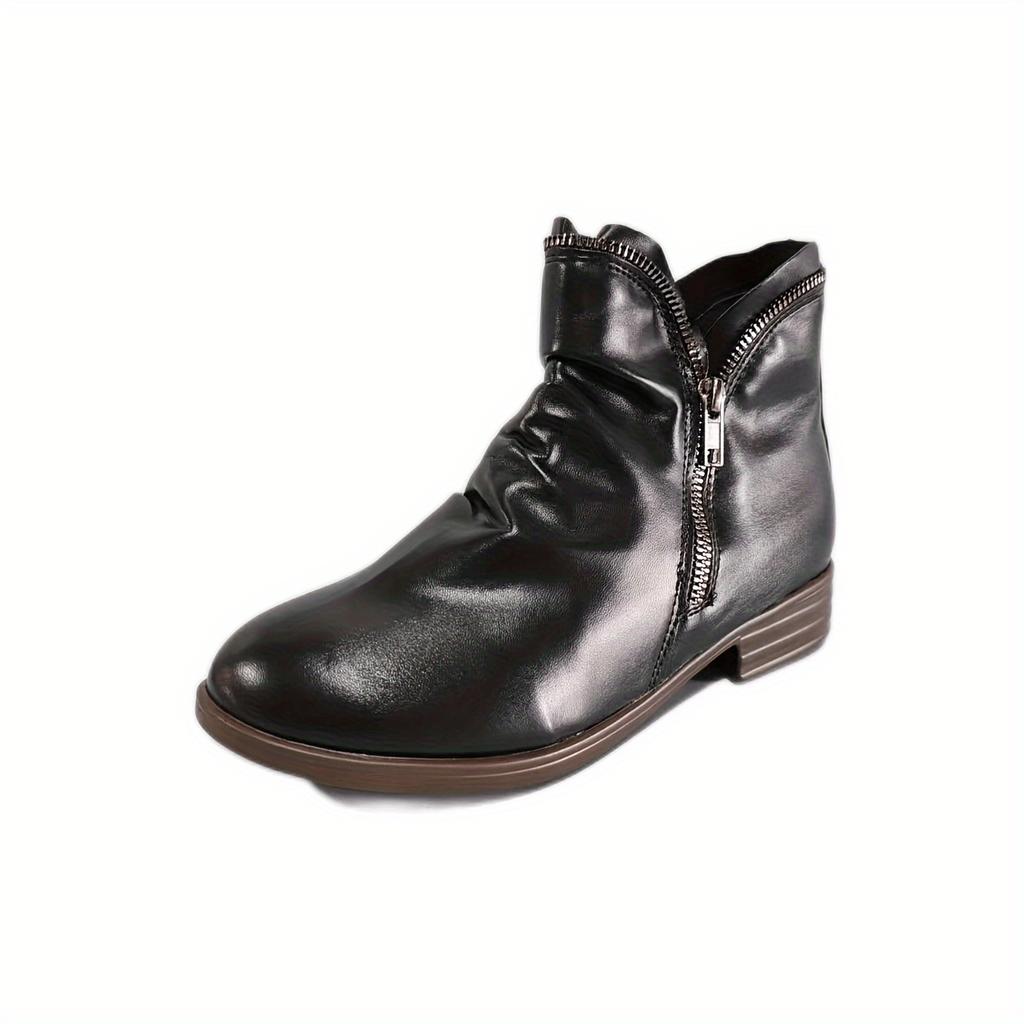 Womens Double Zipper Ankle Boots - Stylish & Comfortable with Chunky Low Heel - Timeless Solid Color, Vintage Ruched Detail - Trendy Short Boot