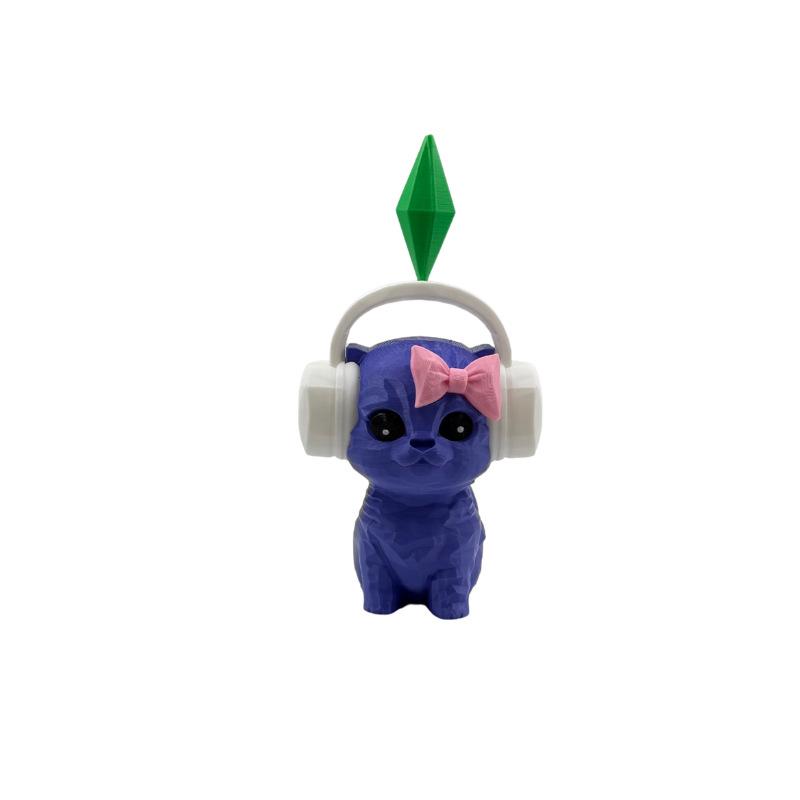 3D-печатная фигурка кота Sim-S с наушниками и декором Plumbob - Милая геометрическая статуэтка котенка, Декор для домашнего стола, Кавайные акценты, Подарок
