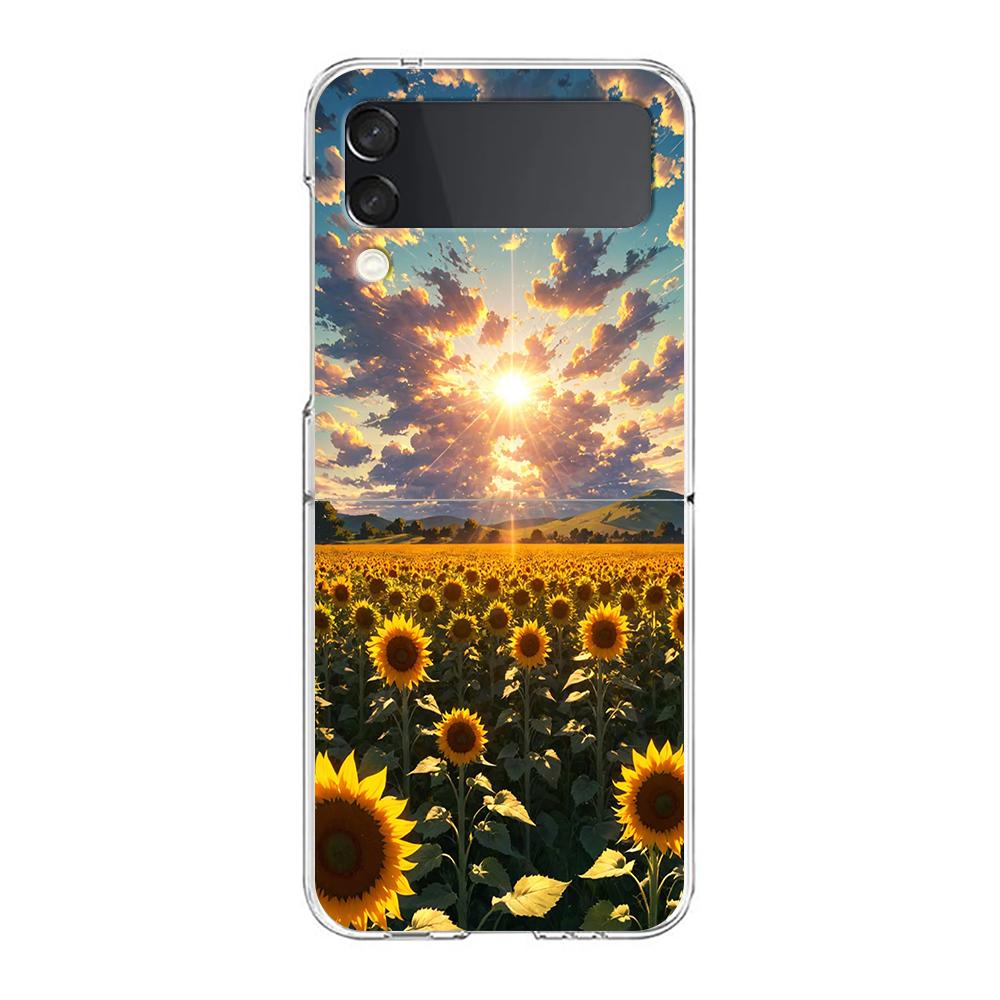Чехол для телефона Samsung Galaxy Z Flip 3 4 5 Жесткий Складной Прозрачный Поликарбонатный Для Samsung Z Flip 6 Задняя Крышка Красивый Желтый Подсолнух