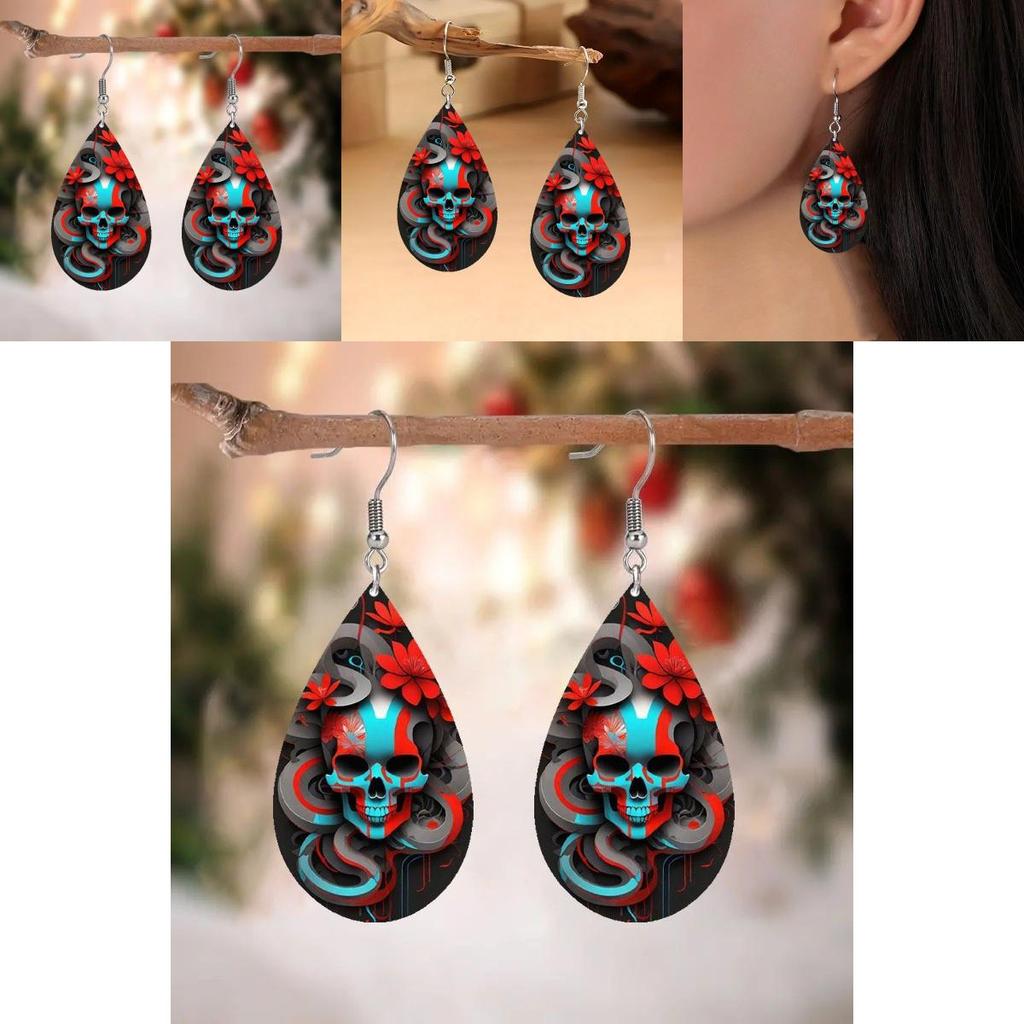 Halloween Themed Flower Skull Patterns Water Droplet Shaped Women Earrings For Dark Style Festive Occasion