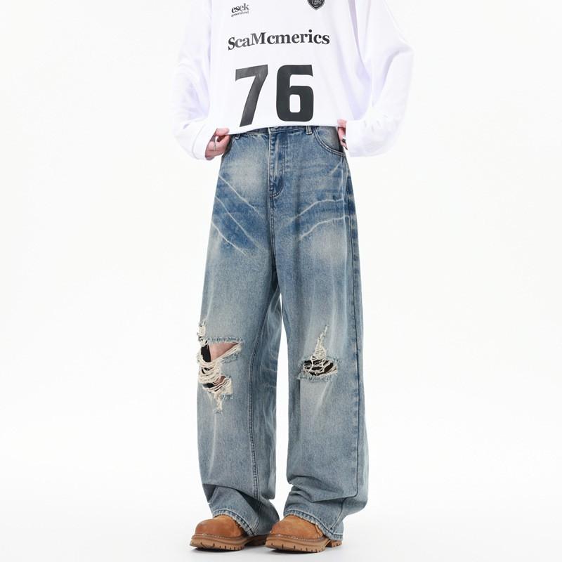 Mens Loose Straight Jeans High Street Style Washed Distressed Casual Denim Pants