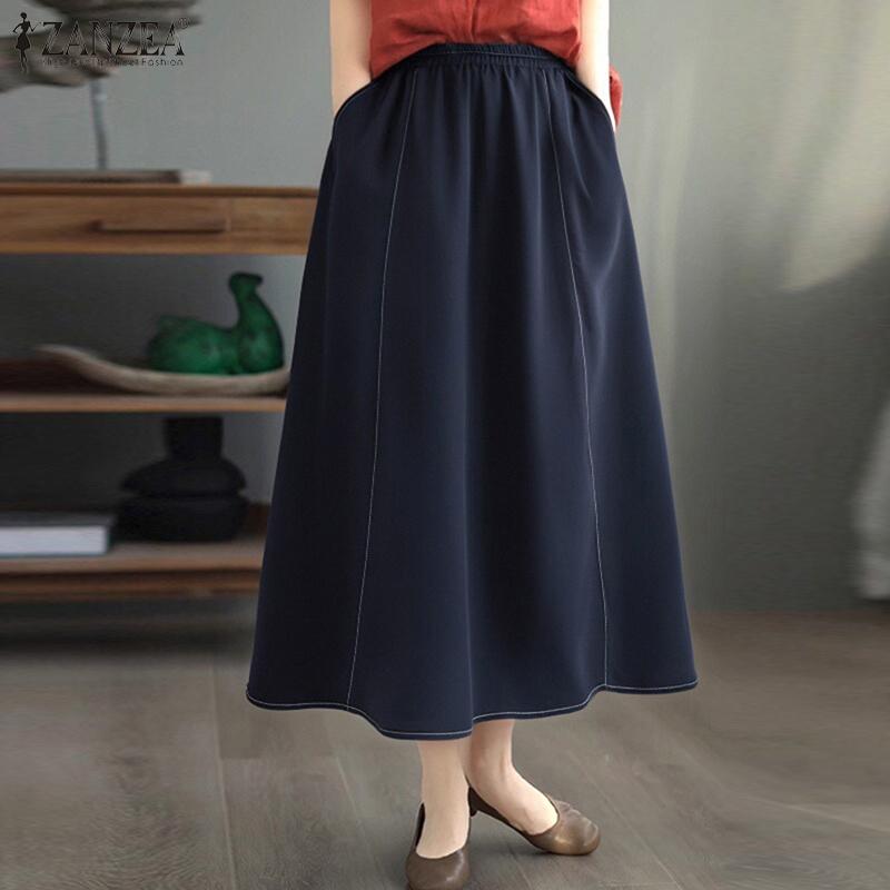 ZANZEA Женские повседневные однотонные свободные длинные юбки с эластичной резинкой на талии