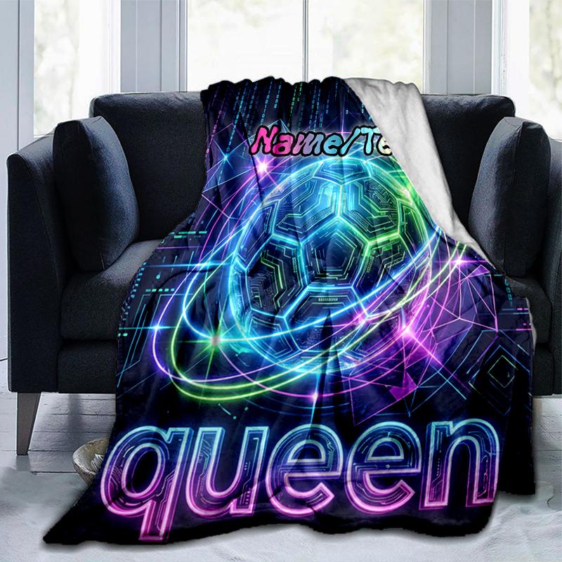 1PC Custom Name Futuristic Soccer Queen flannel blanket versatile,all-season throw suitable for the living room,bedroom,camping,travel,and gift