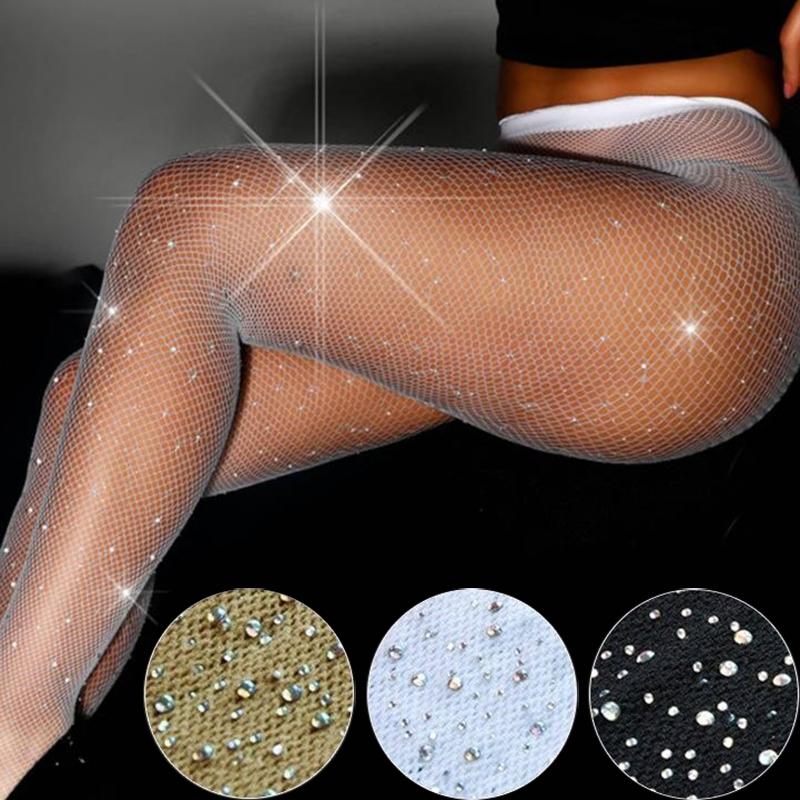 Summer Fishnet Diamond Pantyhose for Women Sexy Fashion Shiny Net Tights Female Slim Rhinestone Mesh Nylon Stockings Tights