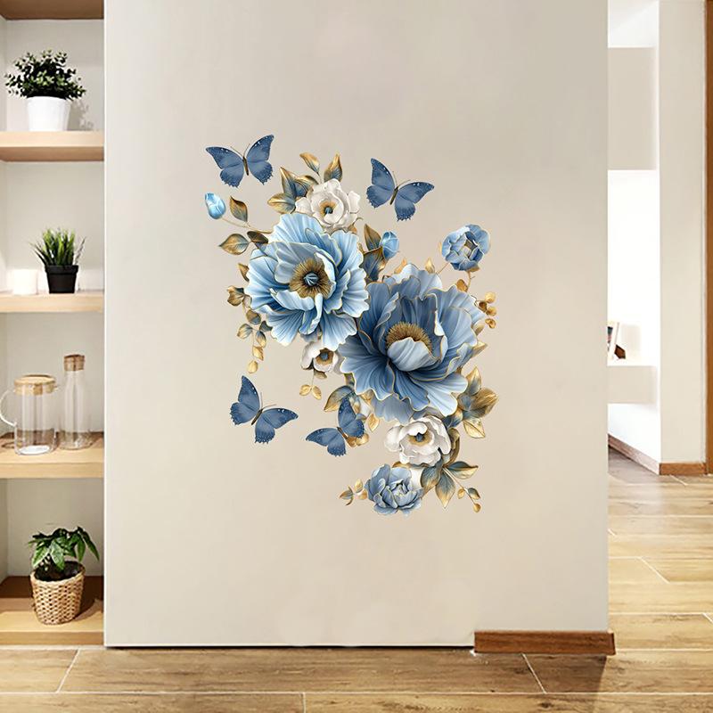 Blue Flower Butterfly Wall Sticker for Home Decor, Self-Adhesive Removable Decal for Living Room Bedroom Entrance