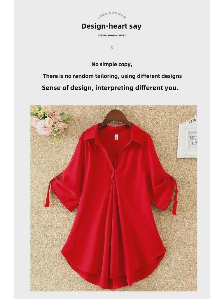 Женское лето 2023 г.: Свободная рубашка из шифона с зауженной талией, средней длины с короткими рукавами, модный большой размер.