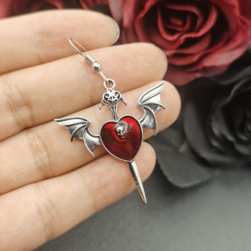New Goth Skull Heart Enamel Peach HeartEarrings Personality Retro Red Roses Flowers Gothic Women's Earings Hanging Jewellry