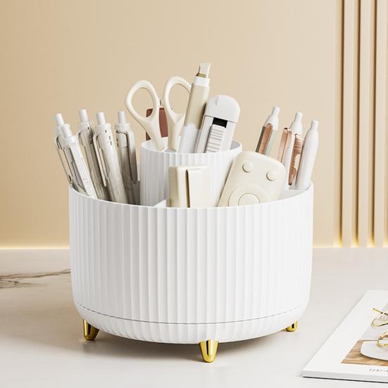 360-Degree Rotatable Cosmetic Storage Box Large Capacity Multiple Compartments Stationery Organizer Makeup Brush Holder