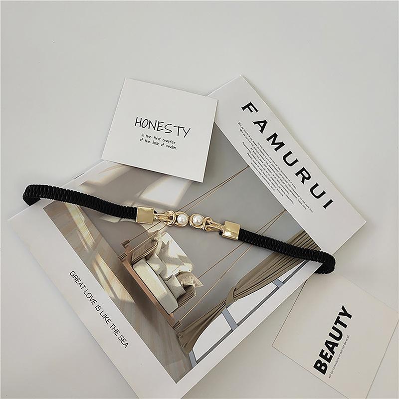 Elegant Double Pearls Buckle Elastic Women Belts Black Thin Straps Lady Girl Dress Skirt Decor Waistbands