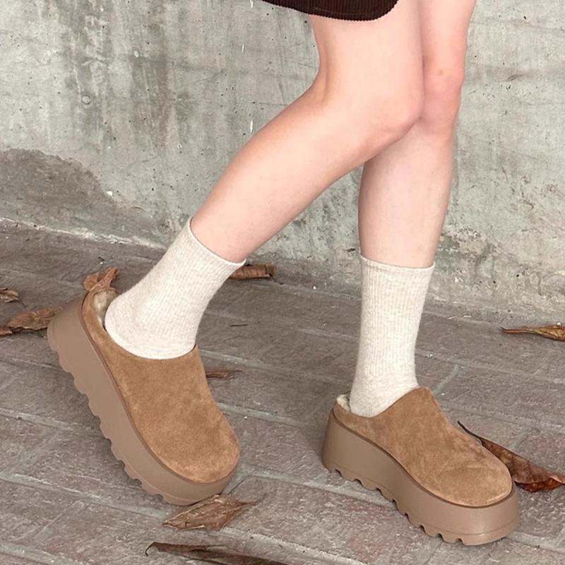 Замшевые женские хлопковые тапочки на платформе, короткие, плюшевые, дизайнерские, повседневные, на среднем каблуке, мюли, тренд 2025 года, теплая зимняя обувь для снега, женские туфли