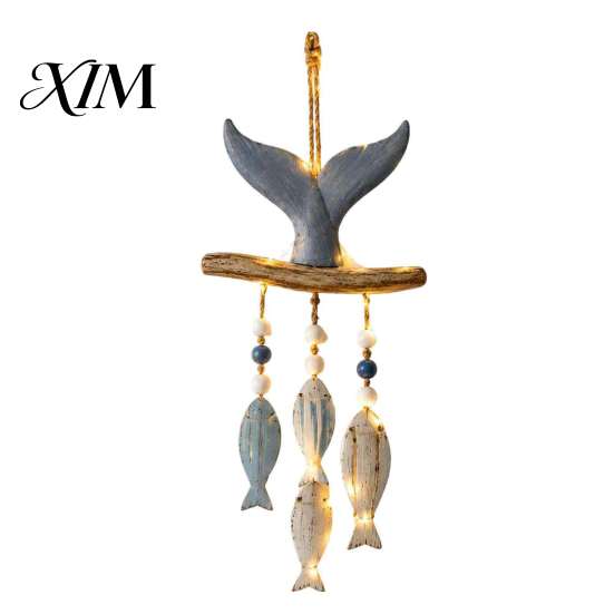 Coastal Porch Hanging Decor Lighted Wooden Wall Ornament, Nautical Fish Shell Starfish Sign with Indoor Outdoor Decorative LED Lights Warm Lights,