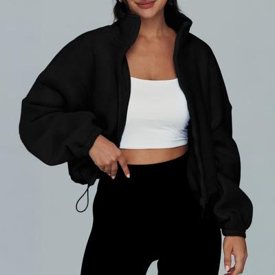 Женская флисовая куртка на молнии с коротким рукавом, зимнее укороченное пальто с длинным рукавом, подол на кулиске, воротник-стойка, теплая тренировочная кофта