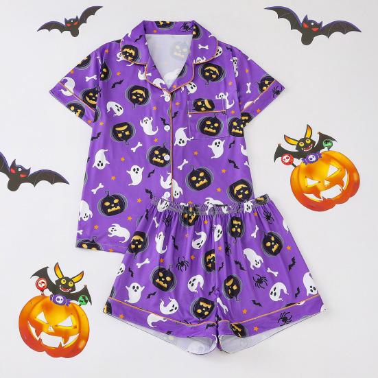 Комплект женской пижамы на Хэллоуин с принтом призрака и тыквы, рубашки с коротким рукавом на пуговицах и шорты, комплект одежды для сна из 2 предметов, домашняя одежда, короткий комплект пижамы