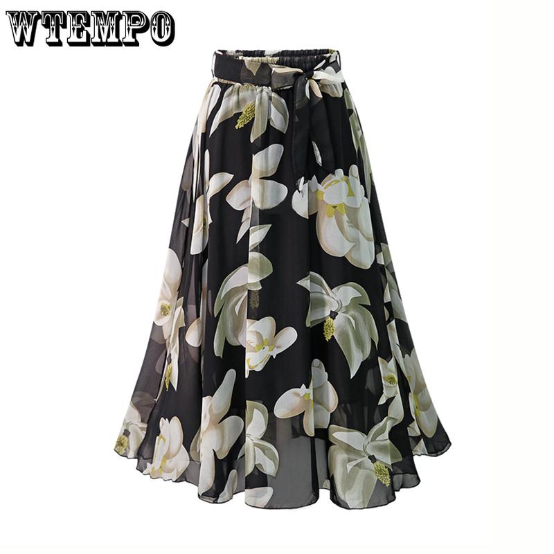 Plus Size Print Floral Skirt Women Summer Loose Elastic High Waist Chiffon Midi Skirts Lace Up Bow L-5XL Swing Jupe Femme