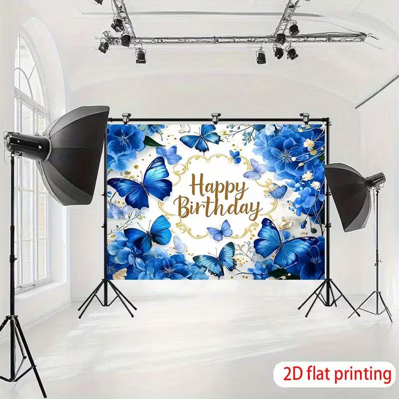 2D Blue Floral Butterfly Birthday Party Photo Booth Backdrop Decor