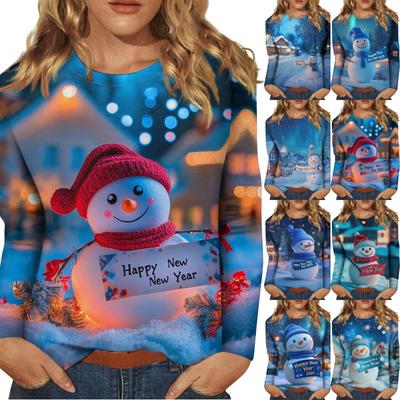 Женский повседневный модный сексуальный удобный рождественский принт с круглым вырезом и длинными рукавами