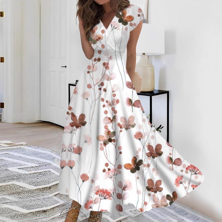 Женское повседневное платье макси, длинное шифоновое платье с расклешенной юбкой, однотонное, с V-образным вырезом, с оборками, с коротким рукавом, зрелое, для улицы, для повседневной носки, для свиданий