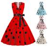 Women Evening Dress Vintage Contrast Color Dot Print Bow Waist A-line Big Swing Slim Wasit Sleeveless Backless