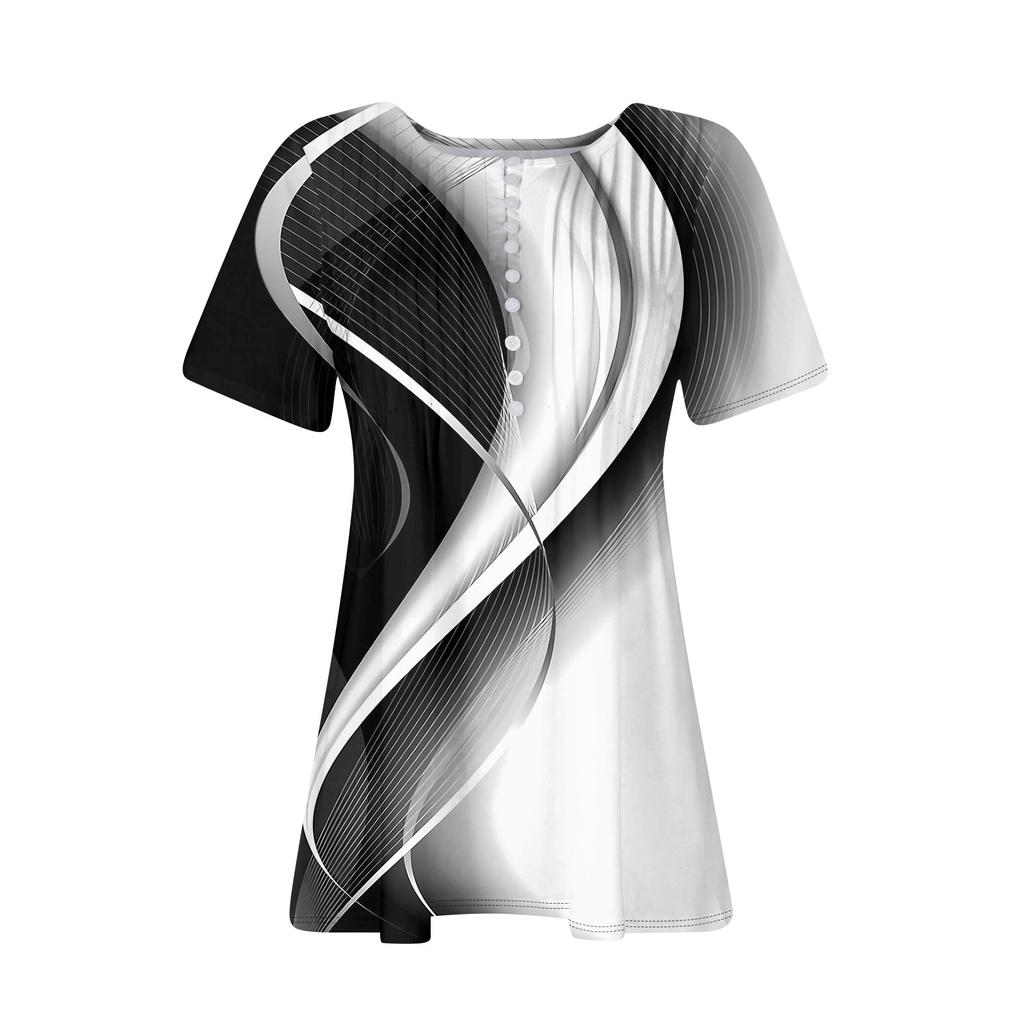 Летние топы для женщин, модные рубашки-туники с принтом в стиле бохо, футболка с короткими рукавами и пуговицами, V-образный вырез, повседневная свободная блузка