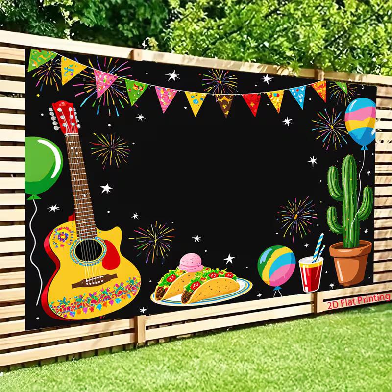 2D Fiesta Taco Guitar Backdrop, Mexican Cinco de Mayo Party Photo Booth Banner