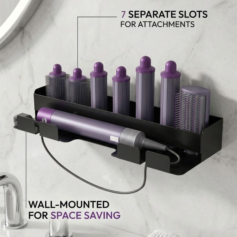 Adhesive-Mounted Hair Dryer and Curling Iron Holder with Open Wall Storage and Front Cord Retainers for Dressing Spaces