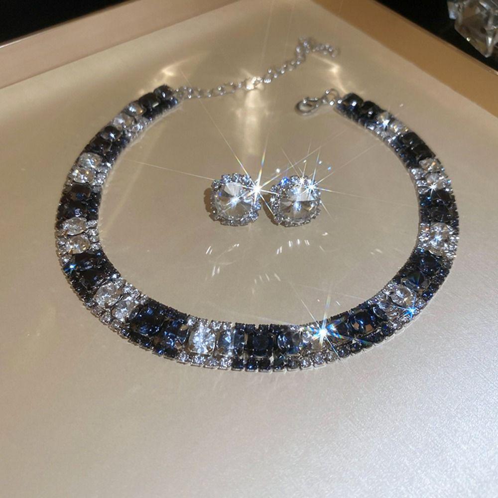 Retro Necklace Earrings Set Handmade Rhinestone Choker Necklace Crystal Necklace Anniversary