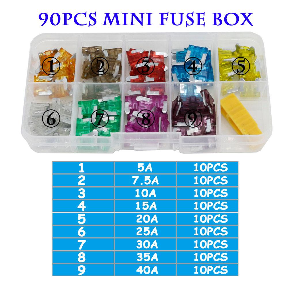 Combination car fuse 45/90PCS mini/small/medium size 5~40A 32V Assortment Automotive Blade Type Fuse with box and clip Fuse Holders1