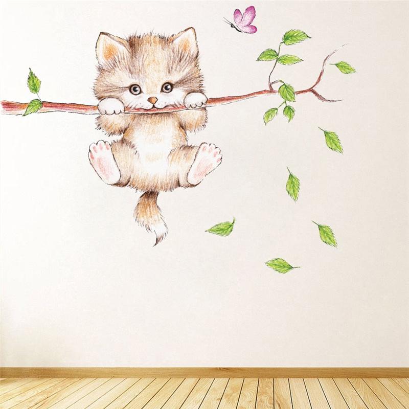 Cute Cat Butterfly Tree Branch Wall Stickers for Kids Rooms Home Decoration Cartoon wall Decals