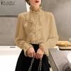 Women Casual Stand Collar Long Sleeve Ruffles Splice Blouse
